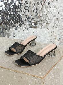 Women's Fashion Mesh Open Toe High Heel Sandals, Casual Comfortable Versatile Chunky Heel Black Slide Sandals - Black - View 5