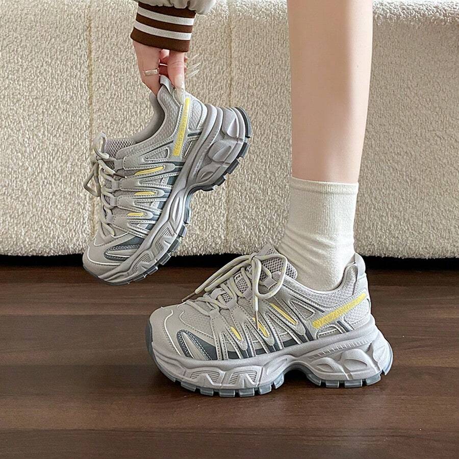 女士银色厚底运动鞋，厚底透气网面跑步鞋，2026春秋季休闲运动鞋 - 黃色 - 查看 1