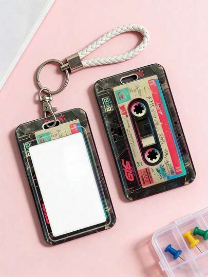 Retro Cassette Tape Design Card Sleeve With Sliding Mechanism, Anti-Lost Lanyard, Sturdy Id Card Holder , Vintage Nostalgic Card Pouch With Protective Storage, Fits Student Id/Bus/Cards, Shockproof Scratch-Resistant Card Case, Easy-Carry Quick-Access Commuting Essential, Perfect Nostalgia Gift For Retro Lovers