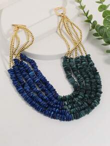 Collar de cuentas multicapa retro, combinación de cuentas de oro lujosa, cadena de clavícula con broche OT, diseño único con piedras dispersas, collar de atmósfera versátil - Cuentas de guijarros de colores - Ver 10