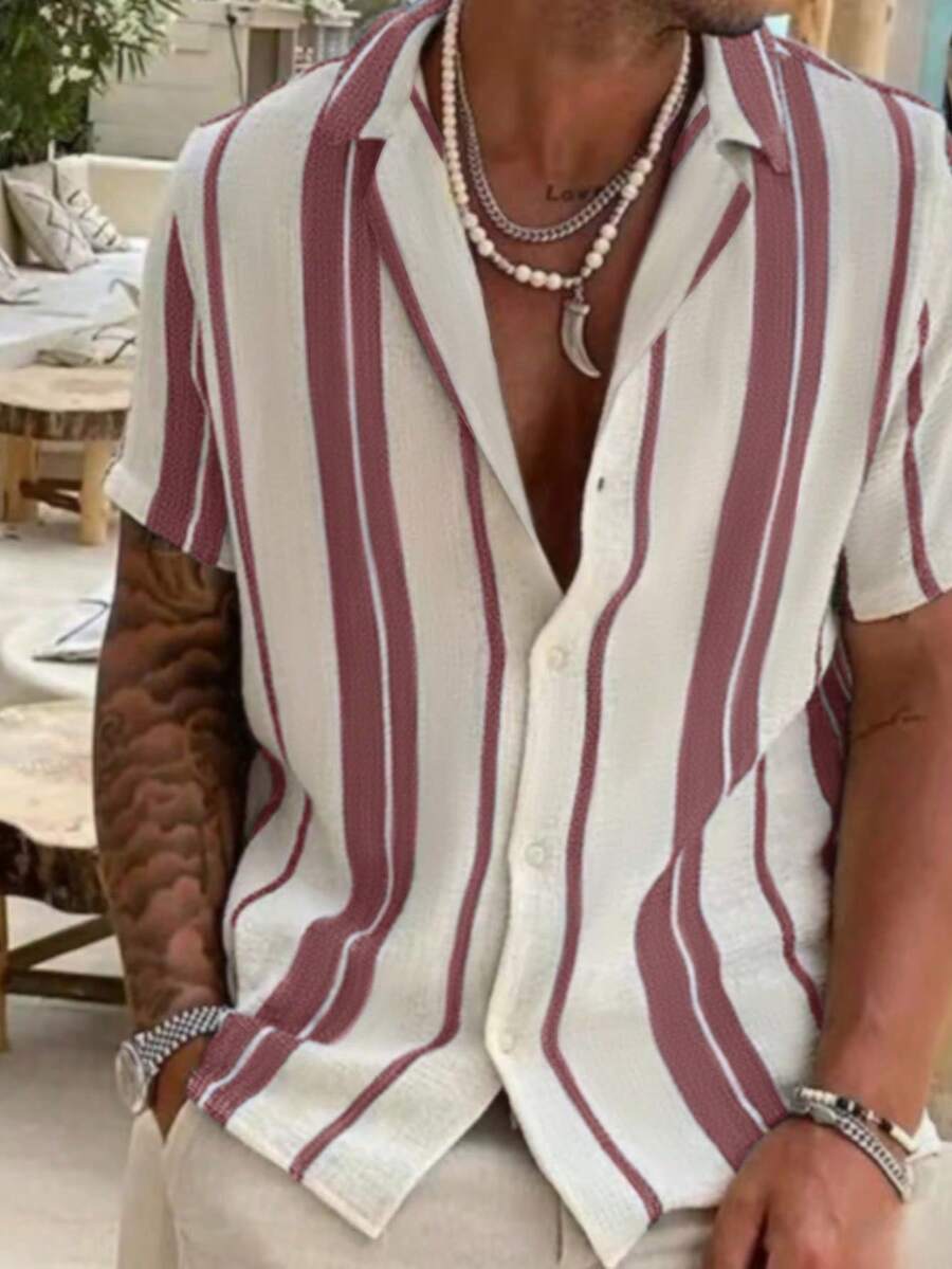 Camisa de manga corta casual de hombre con bloques de color y rayas, estilo cómodo de vacaciones - Rosa Fucsia - Ver 1