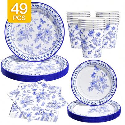 8pcs/Set Blue & White Porcelain Pattern Disposable Tableware Set, Including Plates, Napkins And Cups, Suitable For 8 Guests, Disposable Paper Plates Party Supplies For Birthday, Wedding, Theme Party, Family Picnic