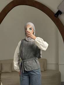 DAZY Women's Color Block Round Neck Belted Shirt,Long Sleeve Tops,Fall Clothes - Grey - View 4