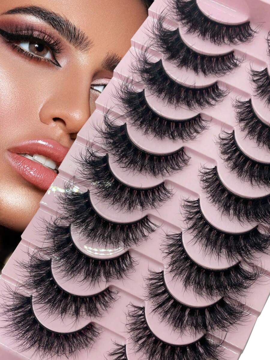 10对3D蓬松貂毛假睫毛，D卷翘猫眼假睫毛，自然纤细黑色睫毛杆，可重复使用，日常佩戴 - 黑色 - 查看 1