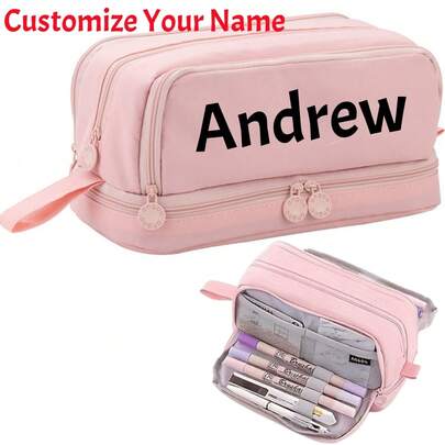 Customizable Name 4-Tier Large Capacity Pencil Case With Zipper Closure - Durable Fabric School & Office Organizer, Multiple Compartments For Stationery Storage