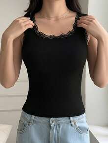 1pc Women Casual Comfortable Lace Patchwork Round Neck Camisole, Slim Fit Ribbed Sleeveless Solid Color Tank Top, Suitable For All Seasons - Black - View 4