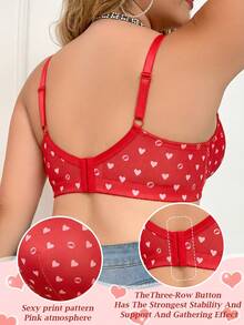 MIMILEMON Plus Size Red Heart Print Underwire Push Up Bra - Wide Straps & Cute Valentine's Style - Red - View 3