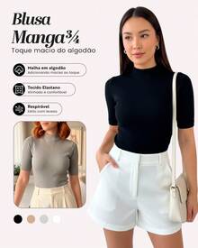 Kit 2 Women's Blouse High Neck Ribbed Premium 3/4 Sleeve Basic Elegant Comfortable Classic And Timeless Women's Fashion Ideal For Work Everyday Or Going Out Combines With Jeans Skirt Or Shorts Versatile Style Essential Piece That Enhances The Look With Comfort And Quality - 黑色+混紡 - 查看 5