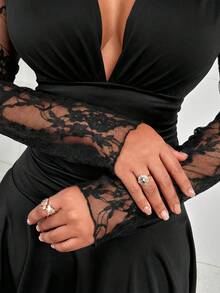 AIJ Amarilo Red Valentine's Day Fitted Mini Dress - V-Neck, Long Sleeve, Lace Trim, Ruffle Hem And Pleats - Black - View 7