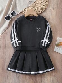 2pcs/Set Girls Vintage American College Style Round Neck Ruffle Bow Embroidered Loose Long Sleeve Sweatshirt And Pleated Mini Skirt, Spring/Autumn - Grey - View 2