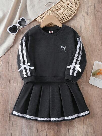 2pcs/Set Girls Vintage American College Style Round Neck Ruffle Bow Embroidered Loose Long Sleeve Sweatshirt And Pleated Mini Skirt, Spring/Autumn