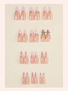 French Acrylic Nails 24Pcs Slim Stiletto Press On Nail Tips, DIY Art Gold Chrome Fake Nails 3D Set With Gold Beads/White Beads/Stars/Crosses Decorations Suitable For Nail Salons, Girls And Women Nail Accessories For Daily Wear And Holiday Party Gifts - Multicolor - View 2