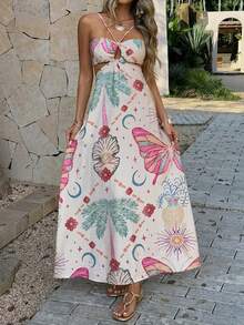 Women's Summer Bohemian Style Butterfly Print Spaghetti Strap Dress With Backless Tie Design, Flowy Beach Holiday Dress Party - Apricot - View 4