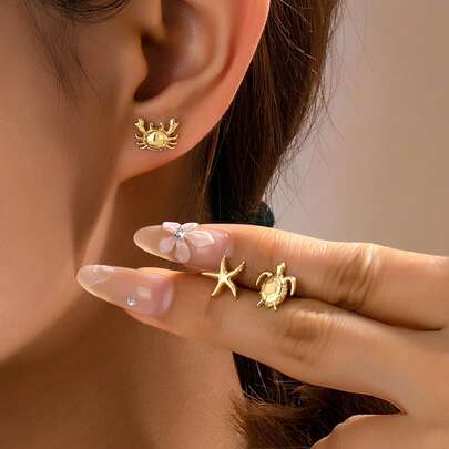 1 Set de Aretes tipo Botón con Diseños de Estrella de Mar, Tortuga y Cangrejo de Estilo Playa y Océano, Adecuado para Uso Diario, Fiestas, Galas y Banquetes