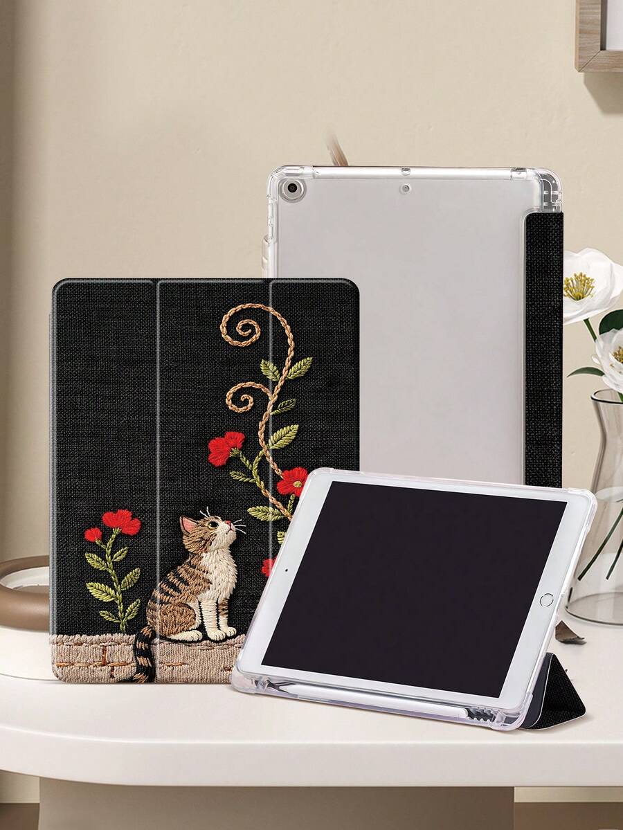 Cat And Flower Pattern Tablet Case, Compatible With IPad 9.7/10.2/10.5/10.9/12.9/Pro 11, 10th Generation, Compatible With Samsung Galaxy Tab S6 Lite 10.4-Inch, Compatible With Kindle Paperwhite 12th Gen 2024, Kindle (11th Generation) 2022 Release, Soft Fall Protection, Smart Stand/Auto Wake/Sleep, Holiday Gift.