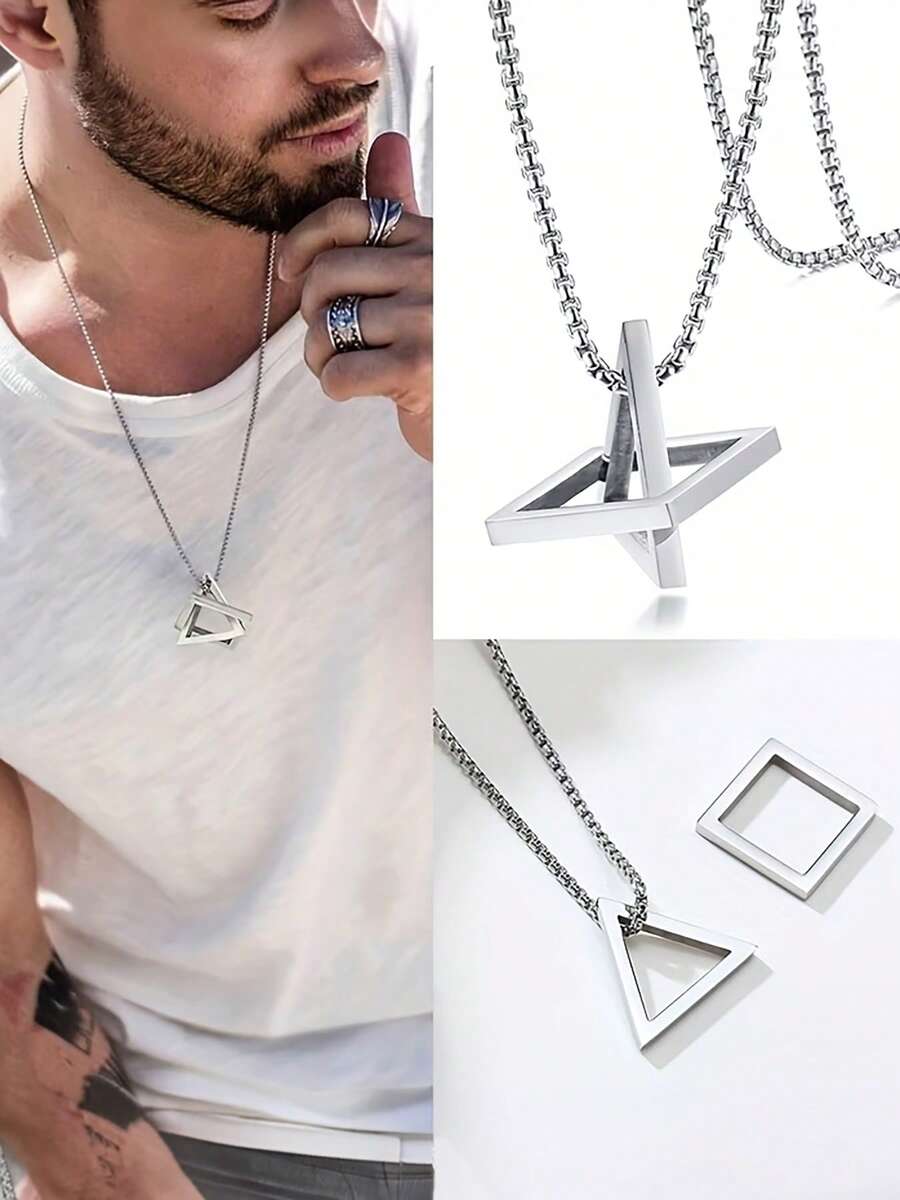 1pc Men's Unique Triangle & Square Geometric Pendant Necklace, Minimalist Geometric Design Necklace, Versatile Choker - Multicolor - View 1