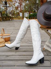 New Embroidered Thick Heel Square Toe Zipper Side Retro Western Boots For Women - White - View 2