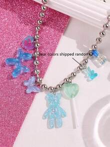 1件新款银色不锈钢串珠项链，亮蓝色系列泰迪熊多吊坠项链，包含棒棒糖、蝴蝶、漂浮瓶、气球、小狗、爱心元素，适合女性作为节日生日礼物，Y2K可爱派对DIY创意时尚饰品 - 彩色 - 查看 6
