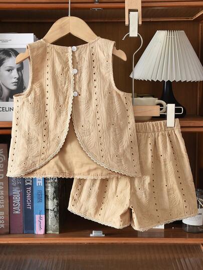 bearleader 2pcs Girls Elegant Beige Embroidered Floral Lace Trim Camisole And Shorts Set, Summer