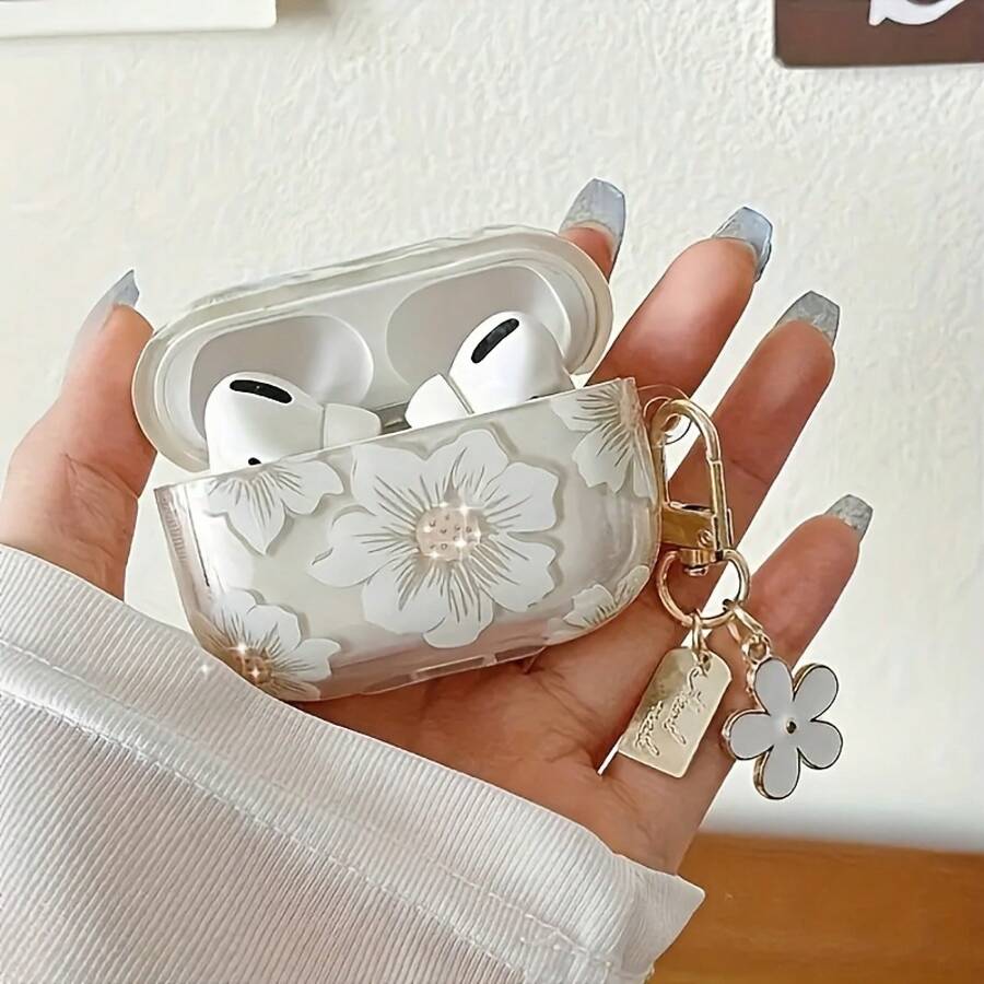 Fashion White Floral TPU Protective, Suitable Pro 2/1/2/3 Generations - Wireless Earbuds Protective With Anti-Drop Design And Keychain, Wireless Earbuds Storage|Floral Pattern Box|Durable Protective,  Protective Cute - 適用於Airpods 4 - 查看 1