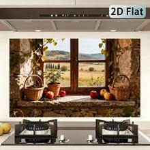 1pc 2D Flat Self-Adhesive Kitchen Wall Sticker | Rustic Stone Wall & Wooden Window & Country Apple Basket Style, Removable Kitchen And Living Room Splashback Wallpaper, Glossy Vinyl, 55 X 100 Cm - Style 1 - View 13