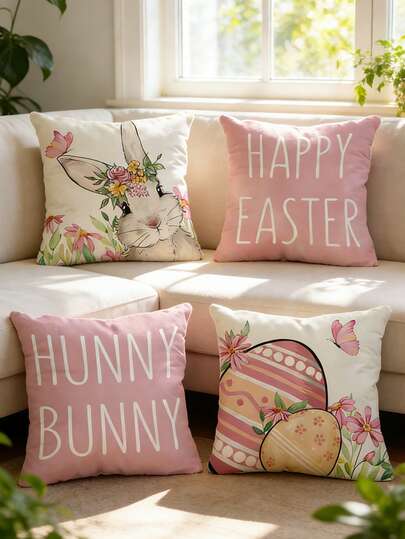 1pc/4pcs Rabbit & Easter Egg Print Pillow Case, Home Decor Sofa Cushion Cover, Bedroom Headrest Pillow Slip, Car Seat Lumbar Cushion Cover, Room Decor