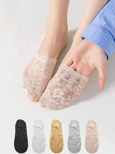 1/5 Pairs Women/Girls Lace Flower Invisible Short Socks, Non-Slip Invisible Boat Socks, Summer