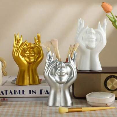 1pc 3-Color Abstract Design Makeup Brush Holder, Desktop Decor, Easy To Clean