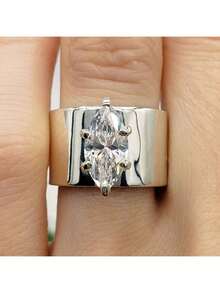 Minimalist Wide Band Zirconia Plated White Gold Vintage Elegant Ring, Suitable For Daily Wear - Silver - View 3
