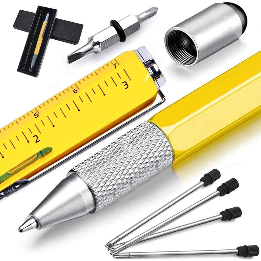 MITEGELO 10 en 1 Pluma Multifuncional, Bolígrafo Táctico con Embrague, Destornillador/Nivel/Regalo en Caja, Ideal para Hombres (Amarillo) - Rojo - Ver 1