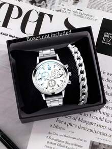 2件套炫彩蓝光玻璃三孔钢带手表及扁平链套装 - 黑色 - 查看 2