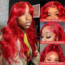 Hot Red 13x4 HD Lace Frontal Wigs Human Hair 200 Density Red Colored Body Wave Lace Front Wigs Human Hair For Women Pre Plucked Glueless Wigs With Baby Hair Loose Wave Human Hair Wig For Daily Wear Valentine's Day Wig Party Use - màu đỏ - Xem 2