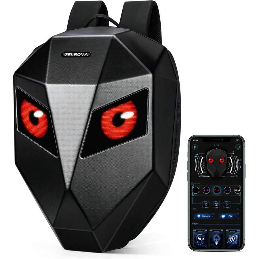 Gelrova LED Backpack With Light Up Moving Eyes,Cool Motorcycle Backpack Hard Shell Laptop Backpack, Knight Serise 19in (Large)