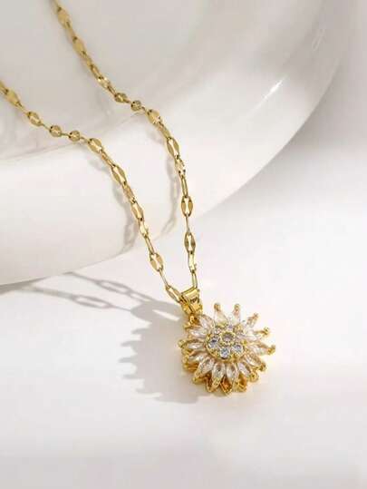 Rotatable Sunflower Necklace Cubic Zirconia Pendant With Gold Alloy Chain, Elegant Daily Jewelry Gift For Girls