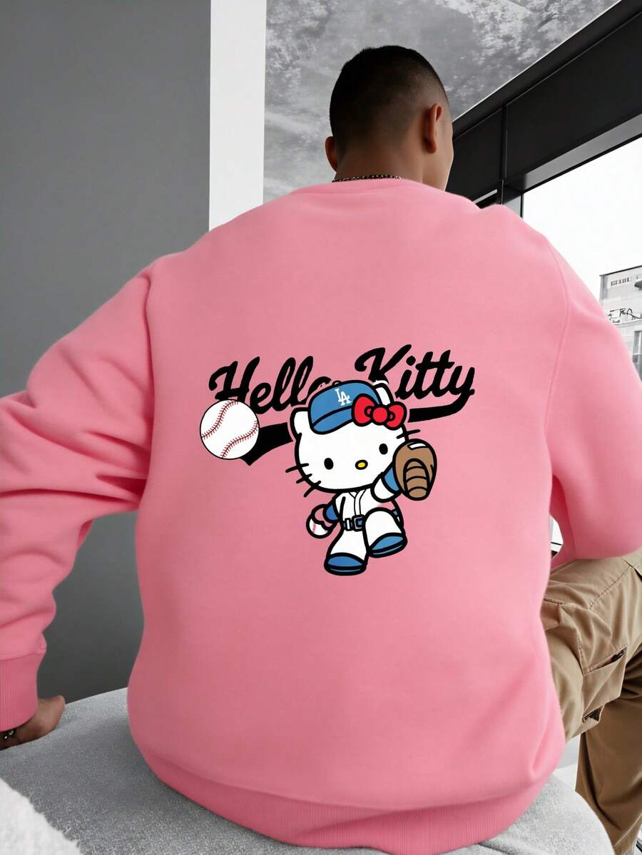 Sanrio Men's Cartoon Print Crew Neck Long Sleeve Casual Sweatshirt, Winter - Pink - View 1