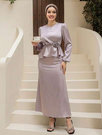 DAZY Women's Elegant Solid Color Round Neck Floral Puff Sleeve Shirt And Skirt 2 Pieces Set, Spring/Summer