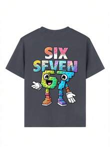 男童“SIX SEVEN-Italian Brain”彩色数字67卡通印花T恤，适合日常穿着、街头风、校园风，时尚休闲百搭的男童夏季上衣 - 深灰色 - 查看 8