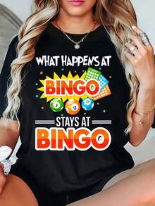 What Happens At Bingo Stays At Bingo Graphic T-Shirt For Women, Oversized Crewneck Tees Casual Wear, Spring Cotton Tops Short Sleeve, Summer Basic Tees, Funny Clothes For Women - 黑色 - 查看 1