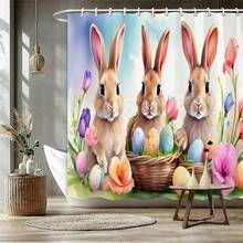 Easter Bunny Cartoon Shower Curtain Set, 1/3/4 Pcs, Waterproof Polyester Bathroom Decor With Hooks, Non-Slip Rug, U-Shaped Mat, Toilet Lid Cover, Lightweight Woven Art Partition, Suitable For All Seasons, Easy To Clean - Easter Home Accessories - A - View 25