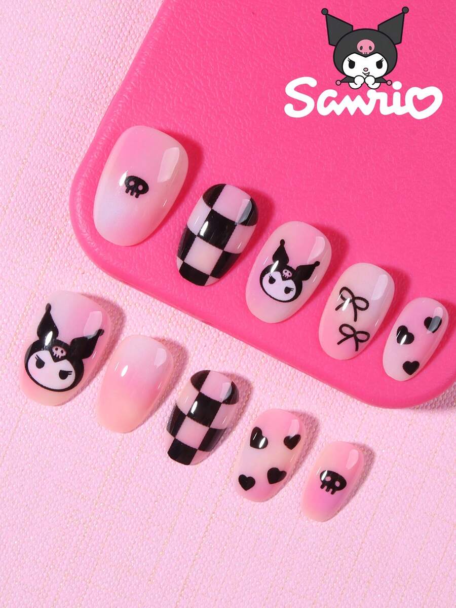 SANRIO 24片装短款椭圆形可爱3D库洛米美甲，蝴蝶结和爱心珍珠设计，完美贴合亚克力假指甲套装，包含1支果冻胶和1个指甲锉，库洛米美甲适合女性女孩日常派对、聚会等场合，重新发现美甲的精致优雅。 - 彩色 - 查看 1