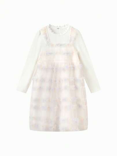 Balabala Vestido de manga larga de malla para niñas, con apariencia de pintura al óleo, diseño de falsa capa, vestido de princesa suave con forro de algodón