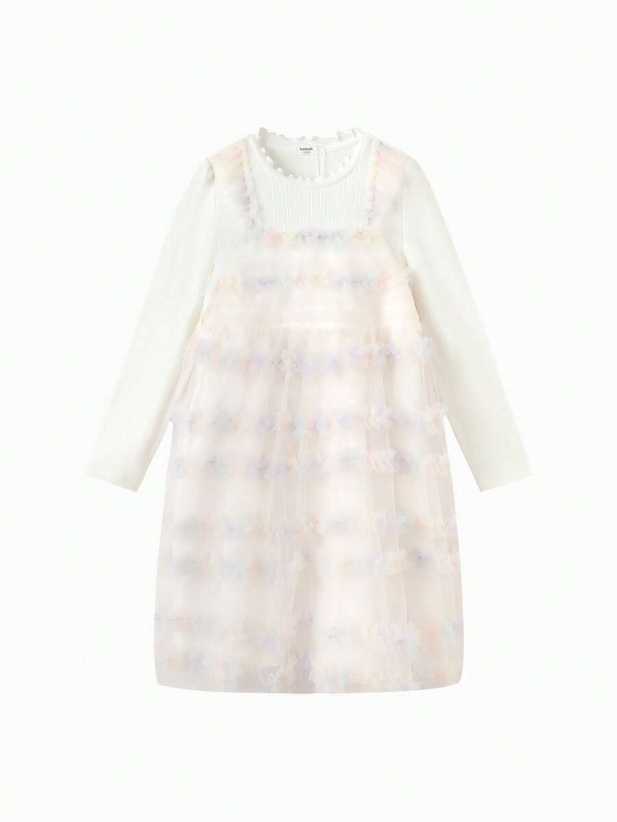 Balabala 女童长袖网纱连衣裙，油画风格，仿层叠设计，棉质内衬柔软公主裙 - 紫色調 - 查看 1