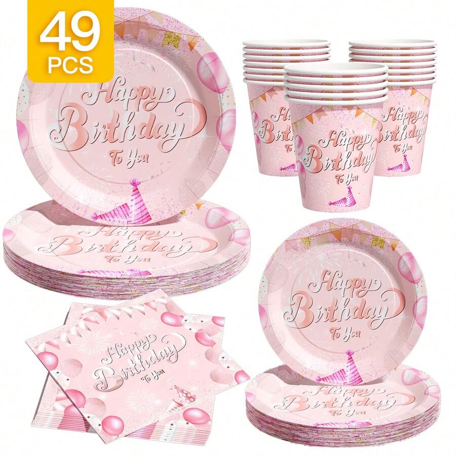 Pink & Silver Balloon "Happy Birthday" Disposable Plate, Napkin, Cup Set, Serves 8 Guests, Suitable For Birthday, Wedding, Party, Family Picnic - Multicolor - View 1
