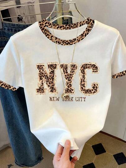 豹纹樱桃标语经典百搭时尚Y2K图案T恤，女士休闲圆领短袖简约T恤，夏季女装，度假装，沙滩装