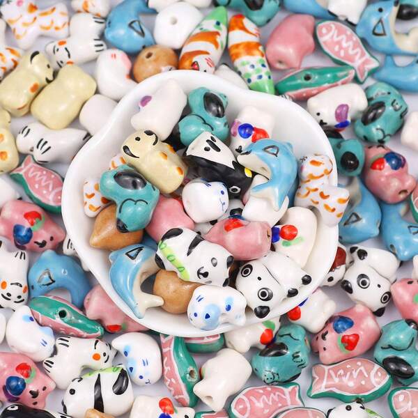 1颗彩色印花带孔陶瓷珠，DIY首饰制作珠，可用于制作项链、手链、耳环，印花圆形花朵陶瓷隔珠