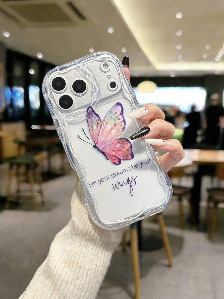 Cream Textured Wavy Edge Glossy Butterfly Painted Anti-Drop Phone Case Compatible With IPhone 17pro/17Air /17/17promax16/11/16pro/16plus/16promax/16e/15Promax/13/14/12/XS/XR/7G/8P, Compatible With Samsung Galaxy 11/12Pro/12/12X/13Pro/14Pro/15Pro/, Compatible With Redmi 10/9/Note9/12c/Note11pro/Note8Pro - Multicolor - View 1