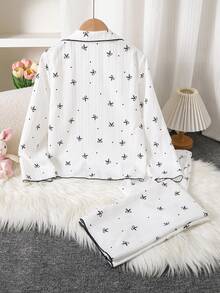 Soft Girl Collar Long Sleeved Long Pants Home Set, 2 Pieces Set, Suitable For All Seasons, Sweet And Cute Bow Print, [3 Sets Randomly Sent 1 Set] - White - View 4