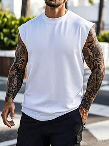 Men's Solid Color Minimalist Loose Fit Sleeveless Vest, Suitable For Sports, Casual, Home, Travel And Other Scenarios In Summer White - White - View 3