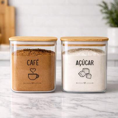 Kit Pote Hermético para Café e Açúcar com Tampa de Bambu