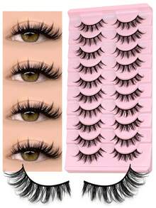 10 Pairs Cartoon Style Natural Cat Eye False Eyelashes, Thick Crossed Mink Fur False Eyelashes, Anime False Eyelashes, Makeup Extension Tool For Party & Travel (MSC14) Strip Eyelashes, Eyelashes, False Eyelashes - Black - View 2